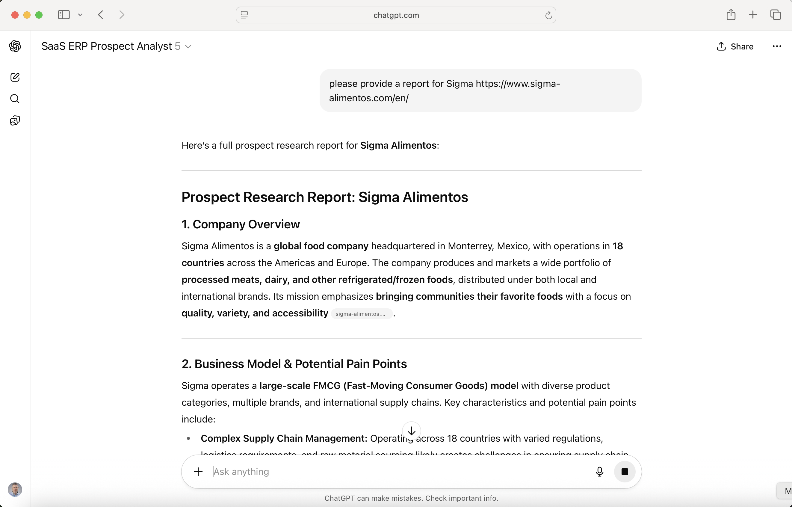 I tested my custom GPT with a simple prompt: "please provide a report for Sigma https://www.sigma-alimentos.com/en/"